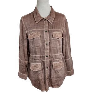 Hinge Seattle Nordstrom Embroidered Pockets Snap Front Long Sleeve Shirt Top S